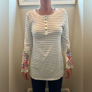 Aratta Striped Henley Top with Embroidered Sleeves